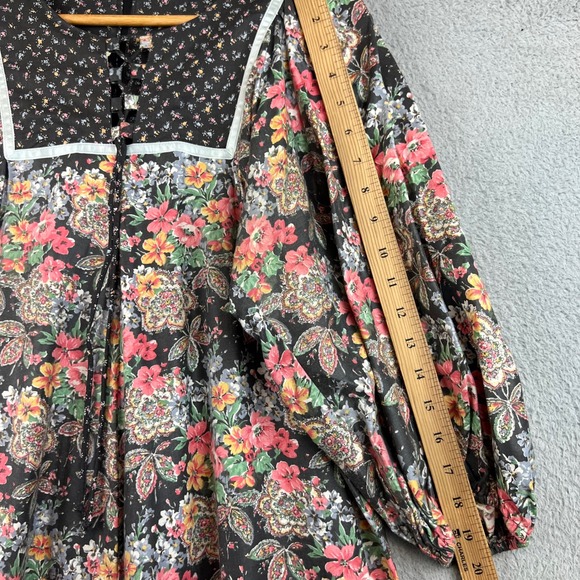Vintage 70s Floral Paisley Print Lace Up Midi Dress Multi Puff Sleeve 10 - Picture 7 of 11